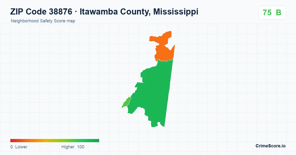ZIP Code 38876 in Itawamba County, Mississippi neighborhood Safety Score map