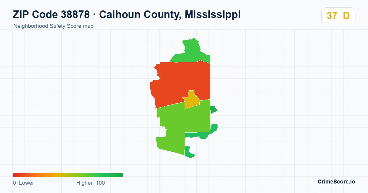 ZIP Code 38878 in Calhoun County, Mississippi neighborhood Safety Score map