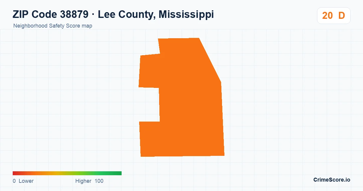 ZIP Code 38879 in Lee County, Mississippi neighborhood Safety Score map