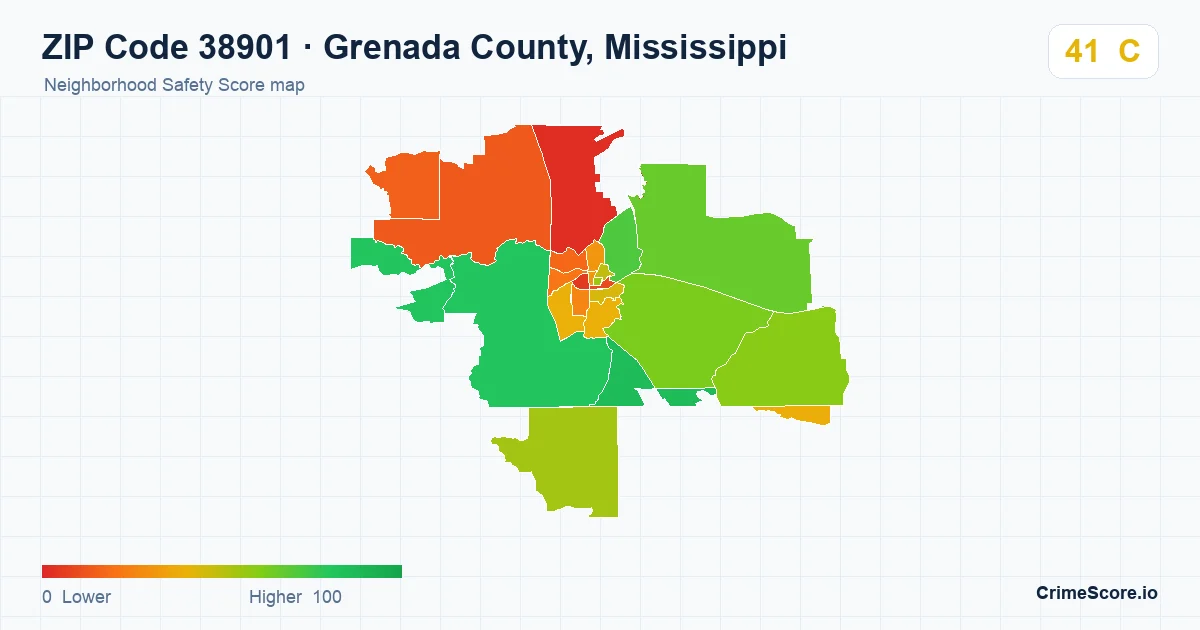 ZIP Code 38901 in Grenada County, Mississippi neighborhood Safety Score map