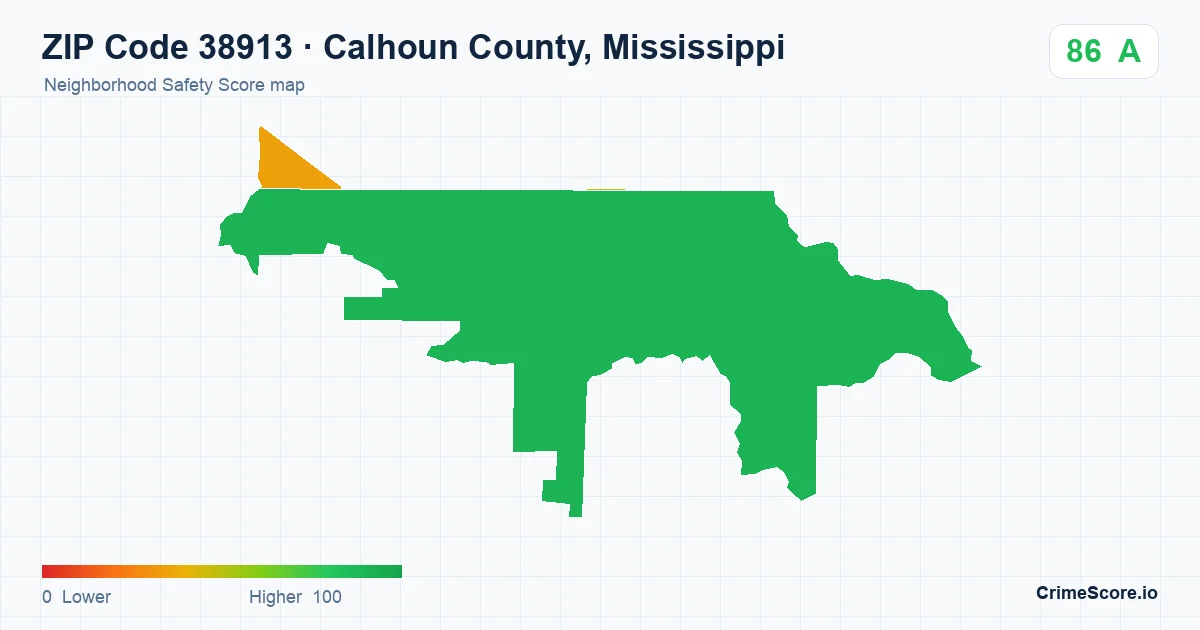 ZIP Code 38913 in Calhoun County, Mississippi neighborhood Safety Score map