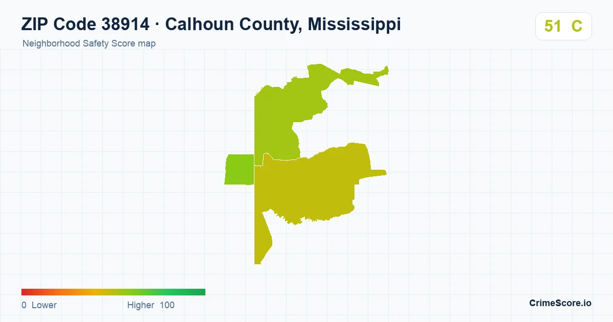 ZIP Code 38914 in Calhoun County, Mississippi neighborhood Safety Score map
