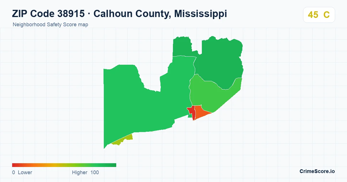 ZIP Code 38915 in Calhoun County, Mississippi neighborhood Safety Score map