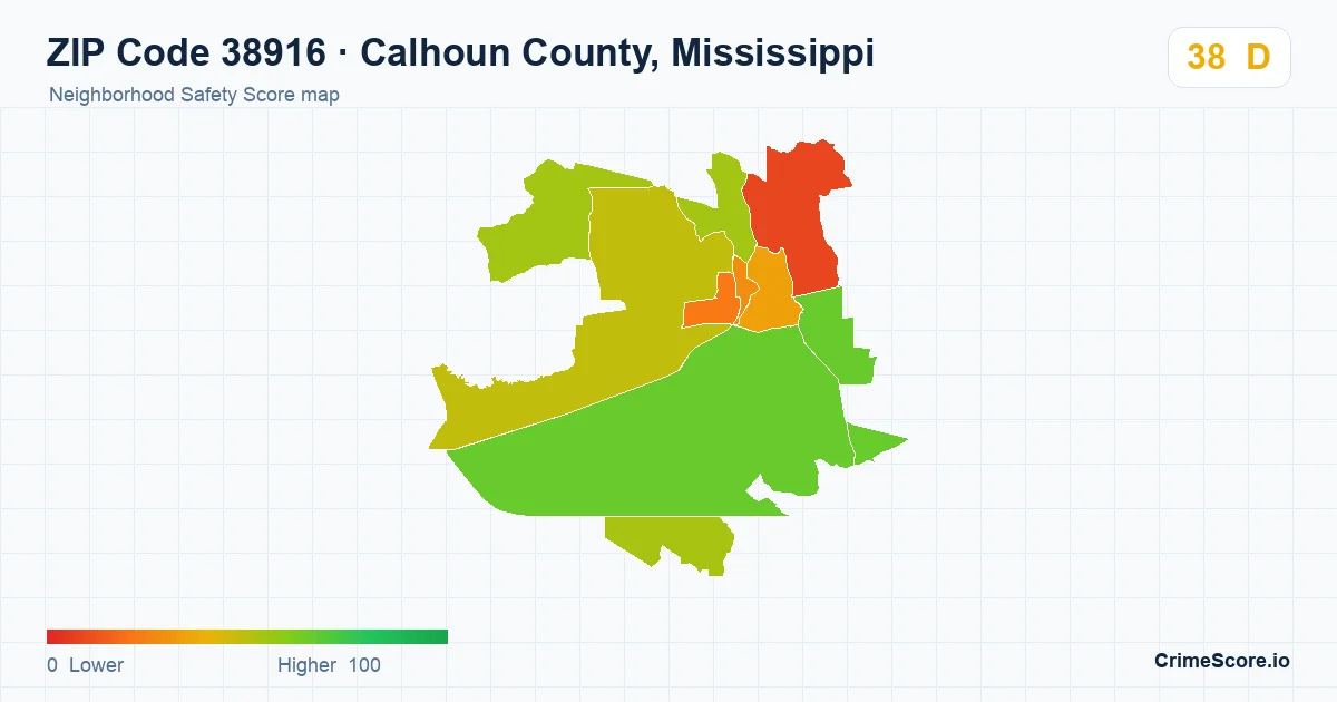 ZIP Code 38916 in Calhoun County, Mississippi neighborhood Safety Score map