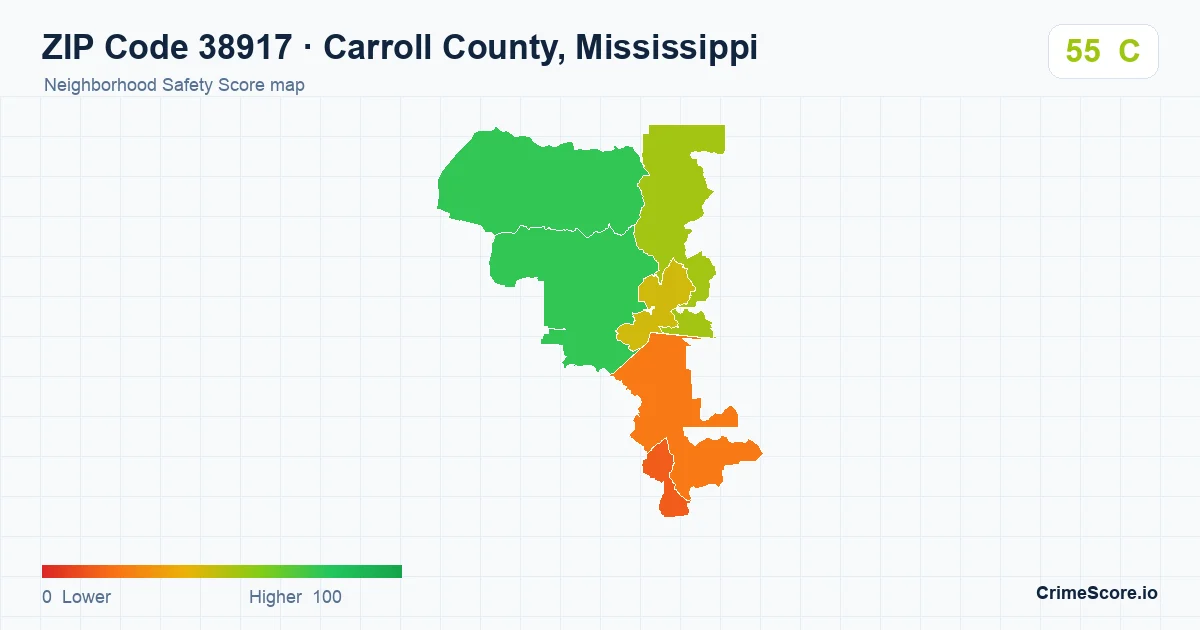 ZIP Code 38917 in Carroll County, Mississippi neighborhood Safety Score map