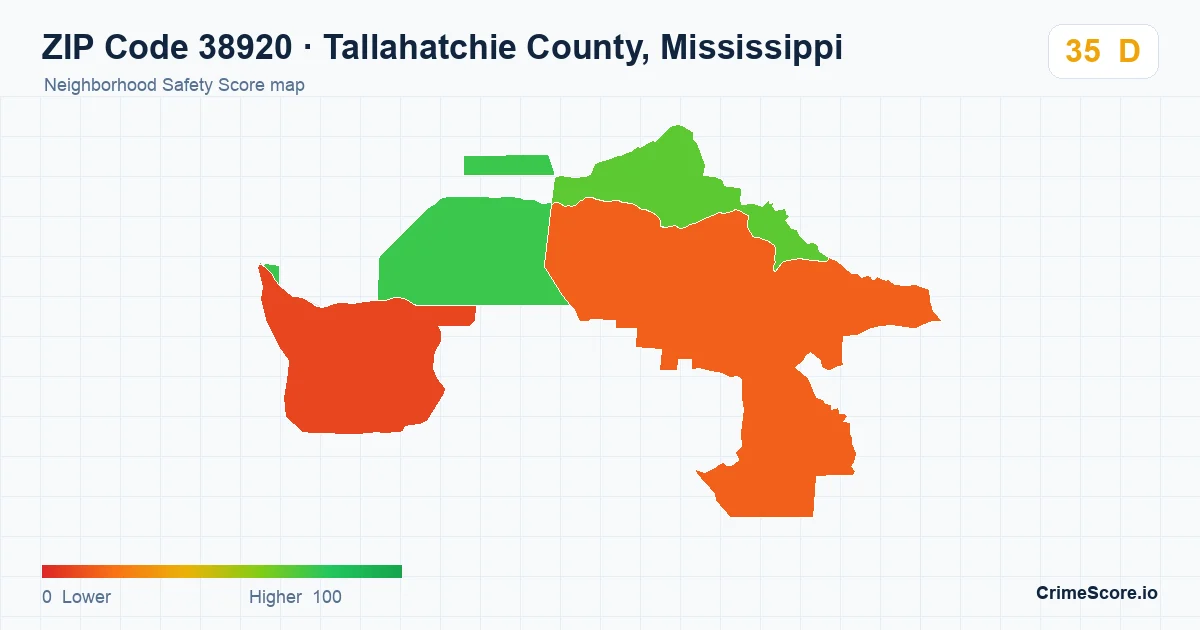 ZIP Code 38920 in Tallahatchie County, Mississippi neighborhood Safety Score map