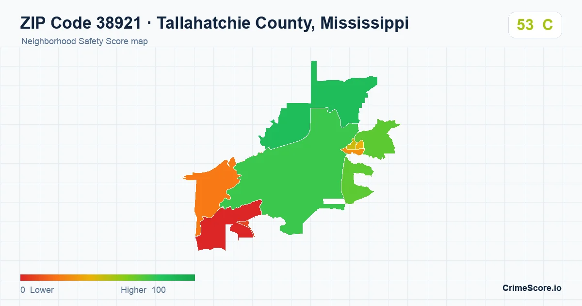 ZIP Code 38921 in Tallahatchie County, Mississippi neighborhood Safety Score map