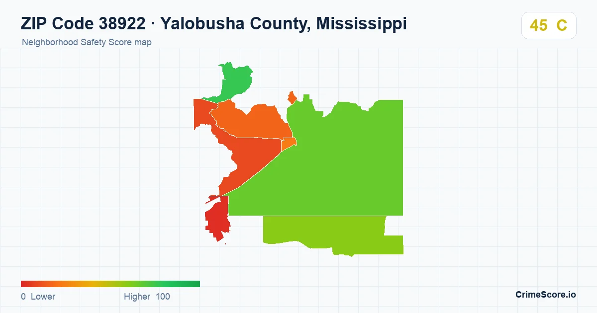 ZIP Code 38922 in Yalobusha County, Mississippi neighborhood Safety Score map