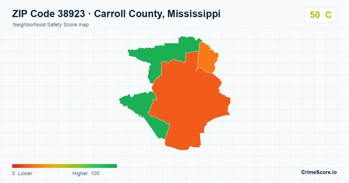 ZIP Code 38923 in Carroll County, Mississippi neighborhood Safety Score map