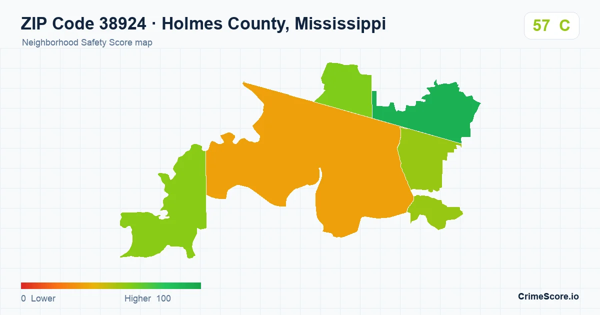 ZIP Code 38924 in Holmes County, Mississippi neighborhood Safety Score map