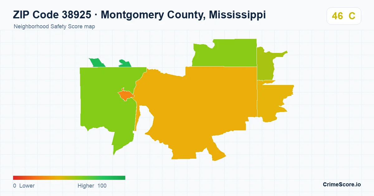 ZIP Code 38925 in Montgomery County, Mississippi neighborhood Safety Score map