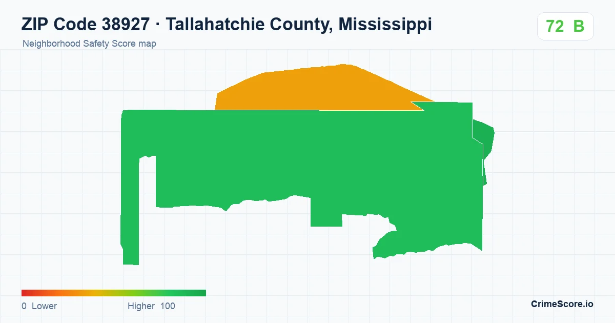 ZIP Code 38927 in Tallahatchie County, Mississippi neighborhood Safety Score map