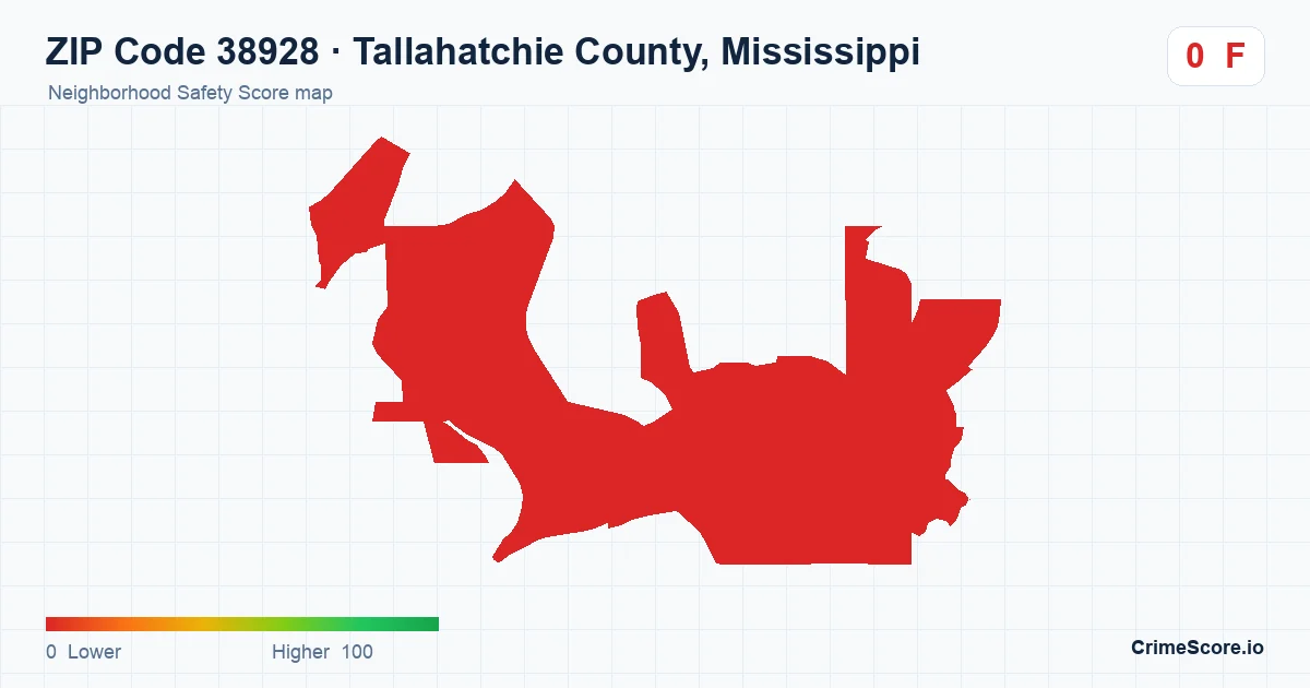 ZIP Code 38928 in Tallahatchie County, Mississippi neighborhood Safety Score map