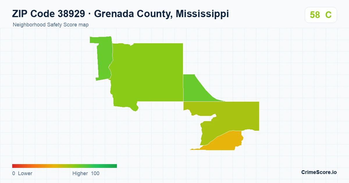 ZIP Code 38929 in Grenada County, Mississippi neighborhood Safety Score map