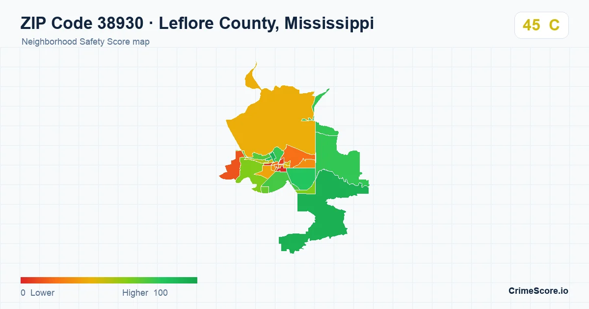 ZIP Code 38930 in Leflore County, Mississippi neighborhood Safety Score map