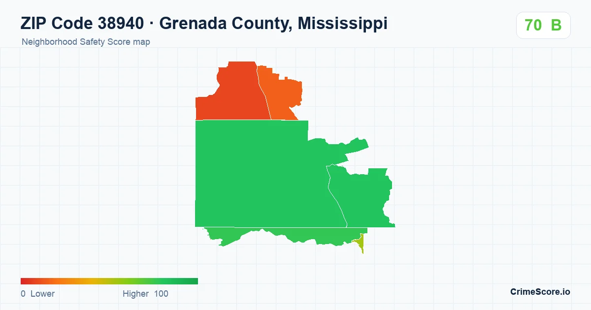 ZIP Code 38940 in Grenada County, Mississippi neighborhood Safety Score map