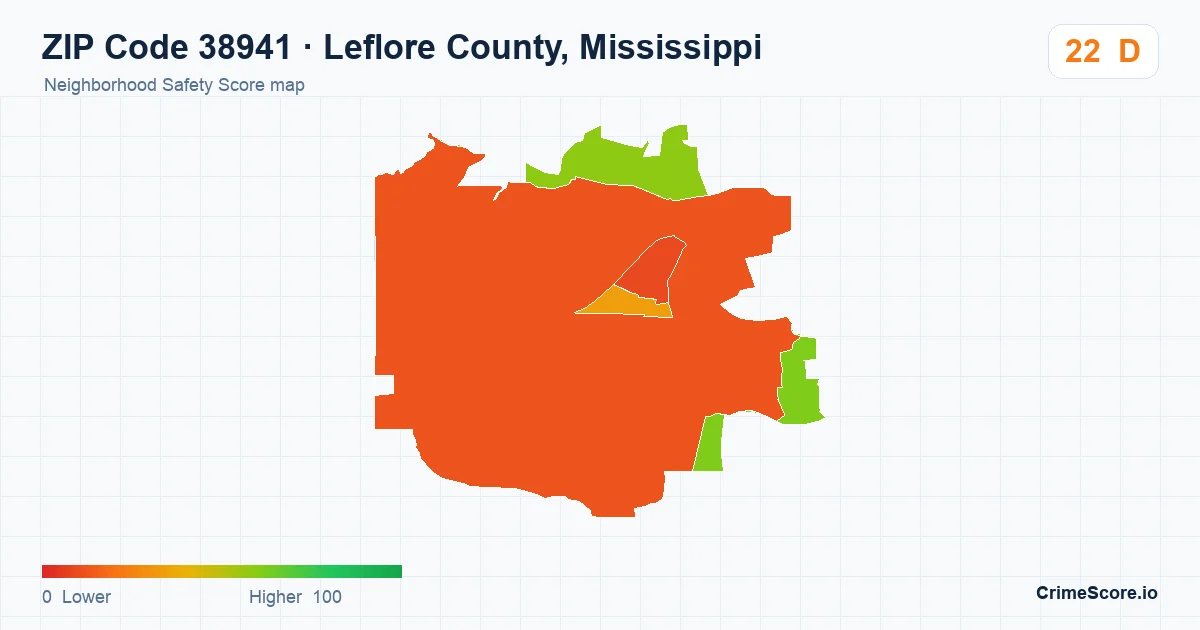 ZIP Code 38941 in Leflore County, Mississippi neighborhood Safety Score map