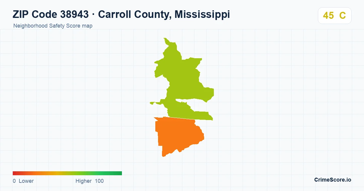 ZIP Code 38943 in Carroll County, Mississippi neighborhood Safety Score map