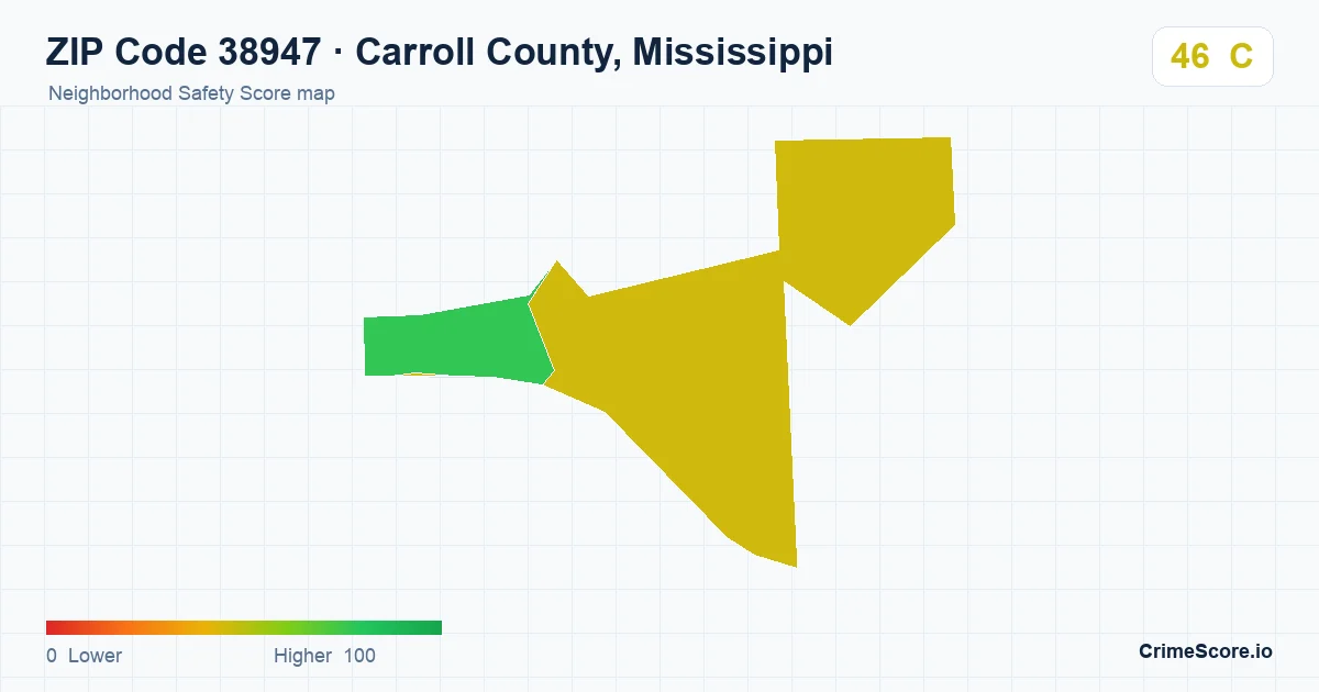 ZIP Code 38947 in Carroll County, Mississippi neighborhood Safety Score map