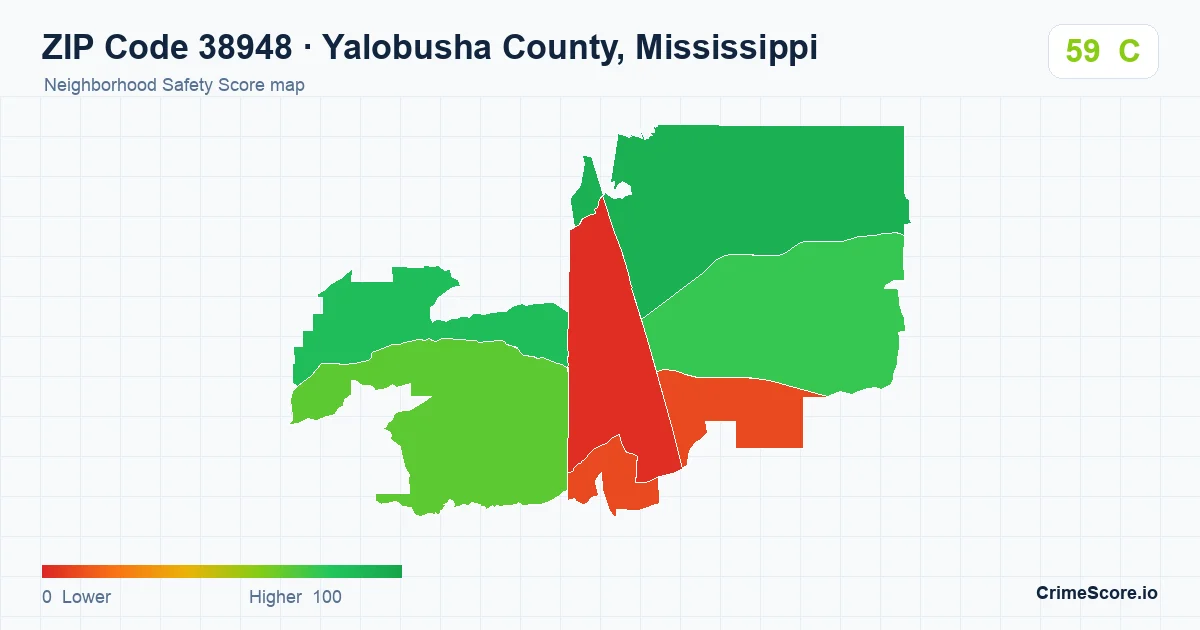 ZIP Code 38948 in Yalobusha County, Mississippi neighborhood Safety Score map