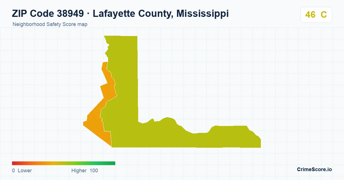 ZIP Code 38949 in Lafayette County, Mississippi neighborhood Safety Score map