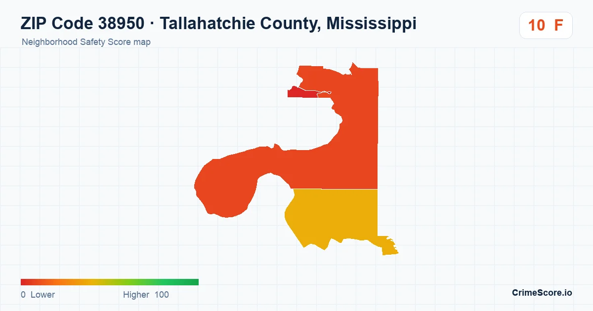 ZIP Code 38950 in Tallahatchie County, Mississippi neighborhood Safety Score map