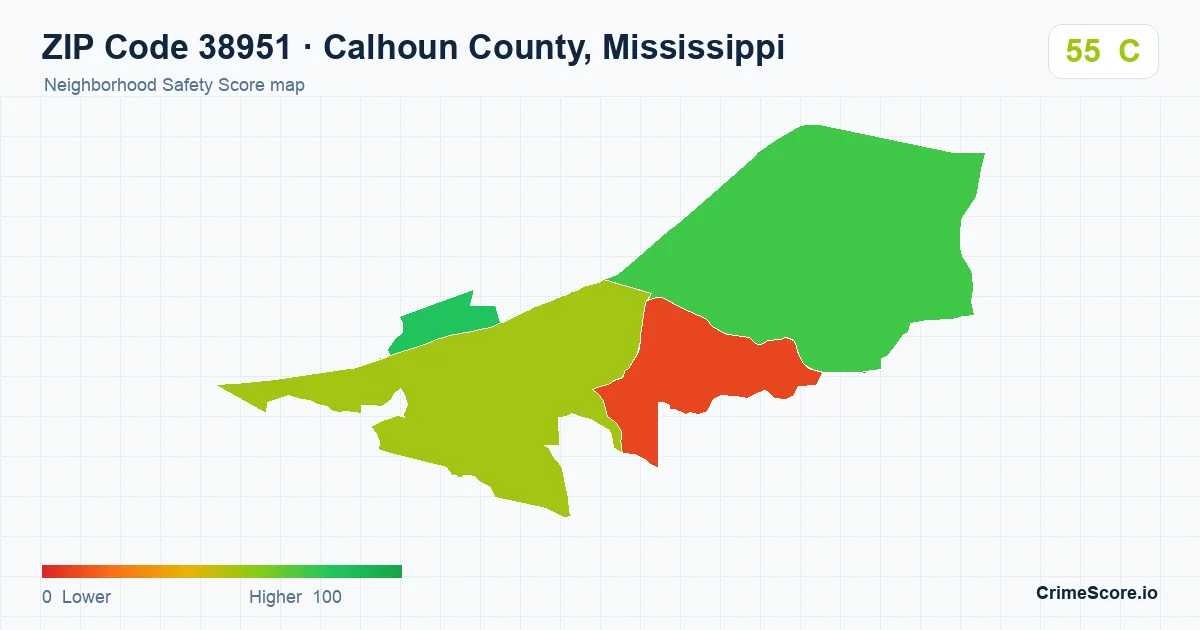 ZIP Code 38951 in Calhoun County, Mississippi neighborhood Safety Score map