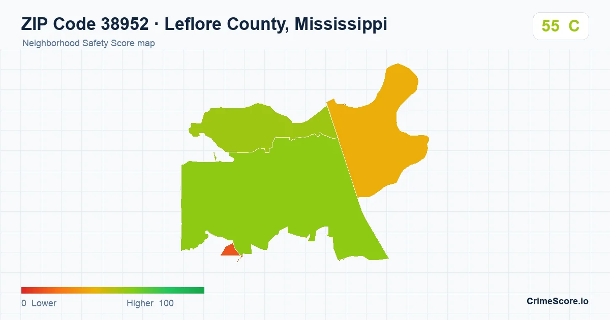 ZIP Code 38952 in Leflore County, Mississippi neighborhood Safety Score map