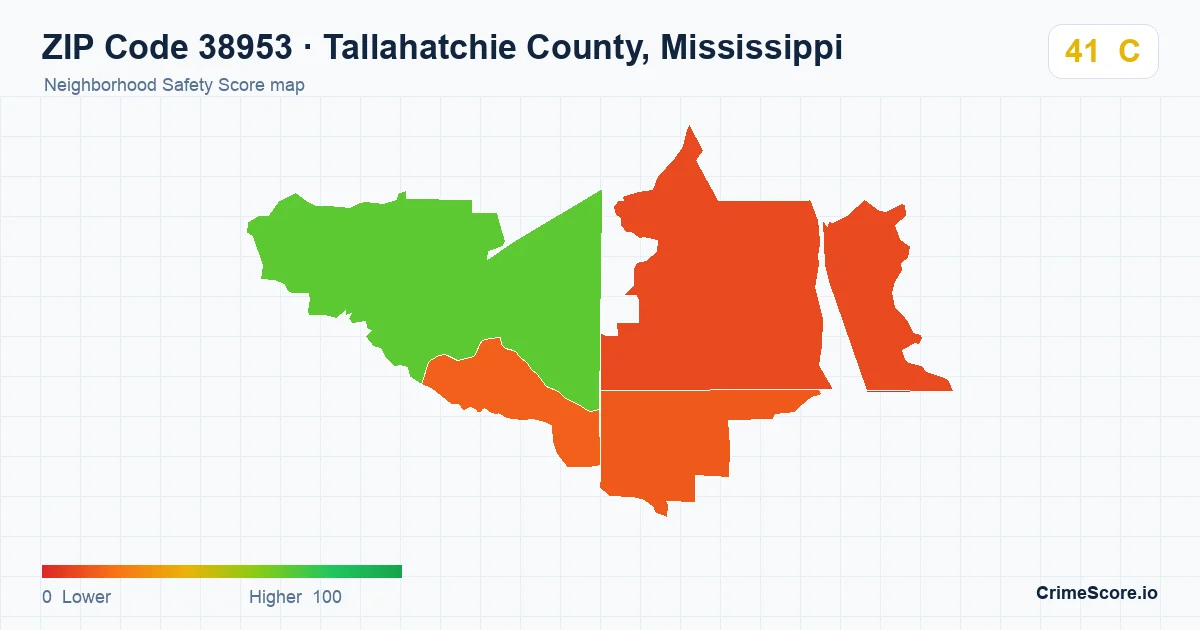 ZIP Code 38953 in Tallahatchie County, Mississippi neighborhood Safety Score map