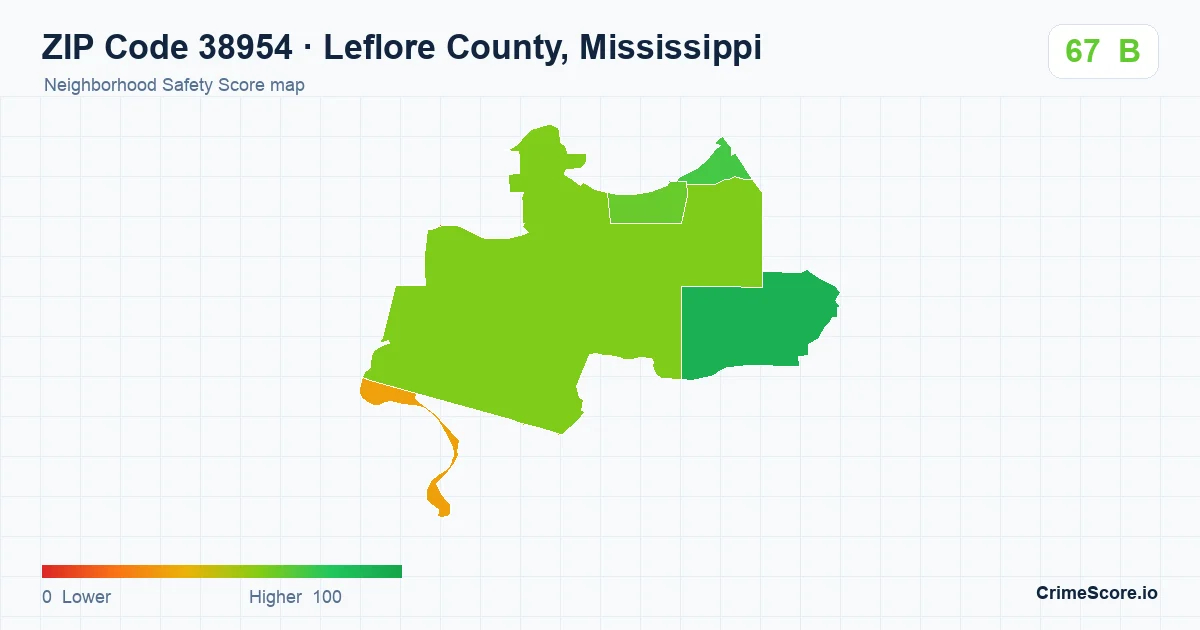 ZIP Code 38954 in Leflore County, Mississippi neighborhood Safety Score map
