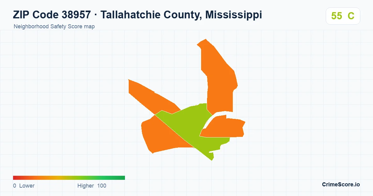 ZIP Code 38957 in Tallahatchie County, Mississippi neighborhood Safety Score map