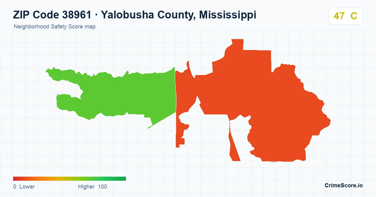 ZIP Code 38961 in Yalobusha County, Mississippi neighborhood Safety Score map