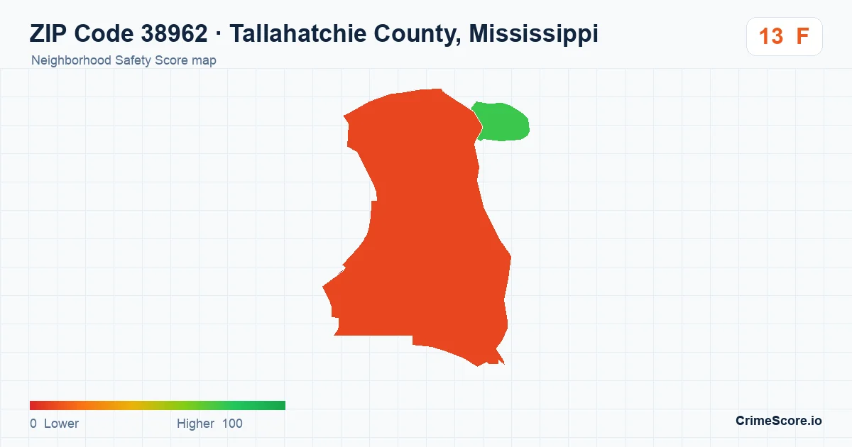 ZIP Code 38962 in Tallahatchie County, Mississippi neighborhood Safety Score map