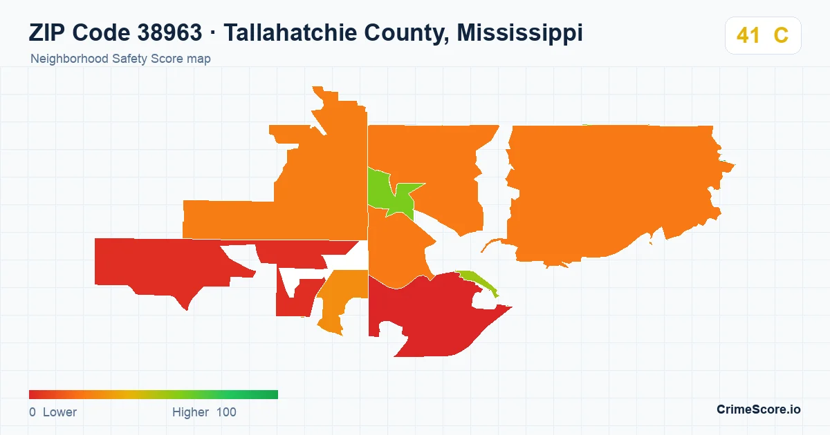 ZIP Code 38963 in Tallahatchie County, Mississippi neighborhood Safety Score map