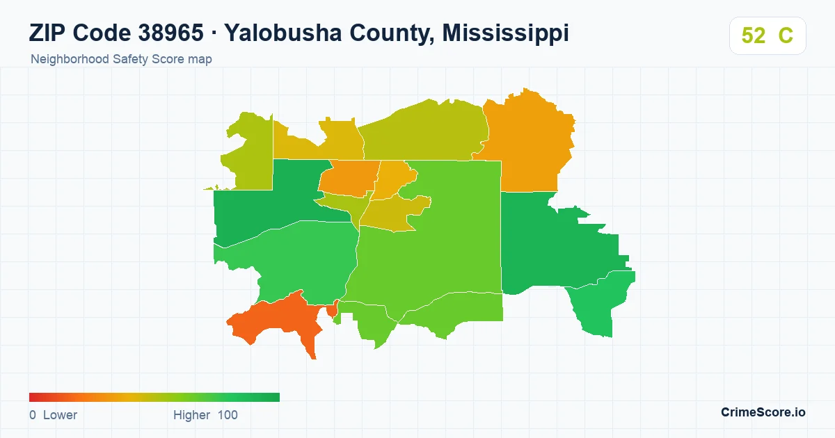 ZIP Code 38965 in Yalobusha County, Mississippi neighborhood Safety Score map
