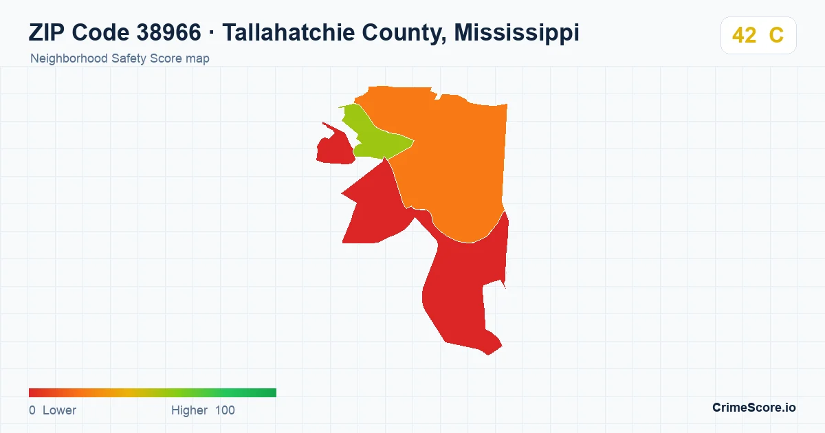 ZIP Code 38966 in Tallahatchie County, Mississippi neighborhood Safety Score map