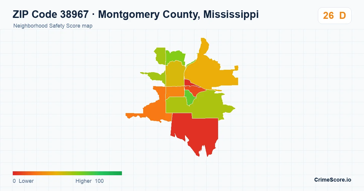 ZIP Code 38967 in Montgomery County, Mississippi neighborhood Safety Score map