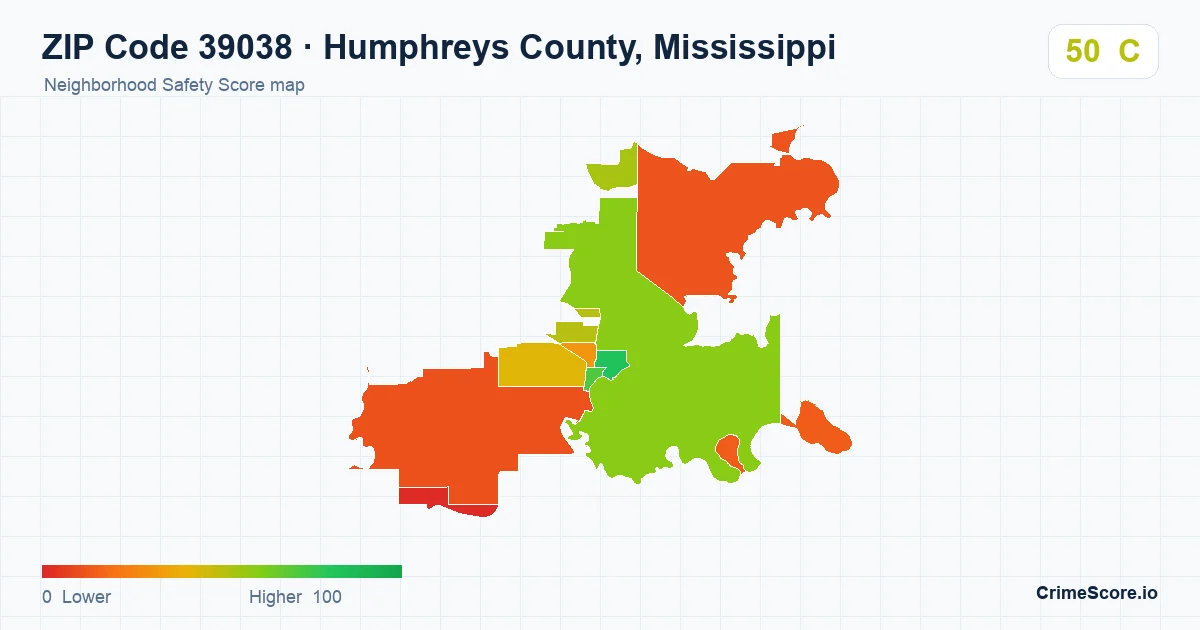 ZIP Code 39038 in Humphreys County, Mississippi neighborhood Safety Score map