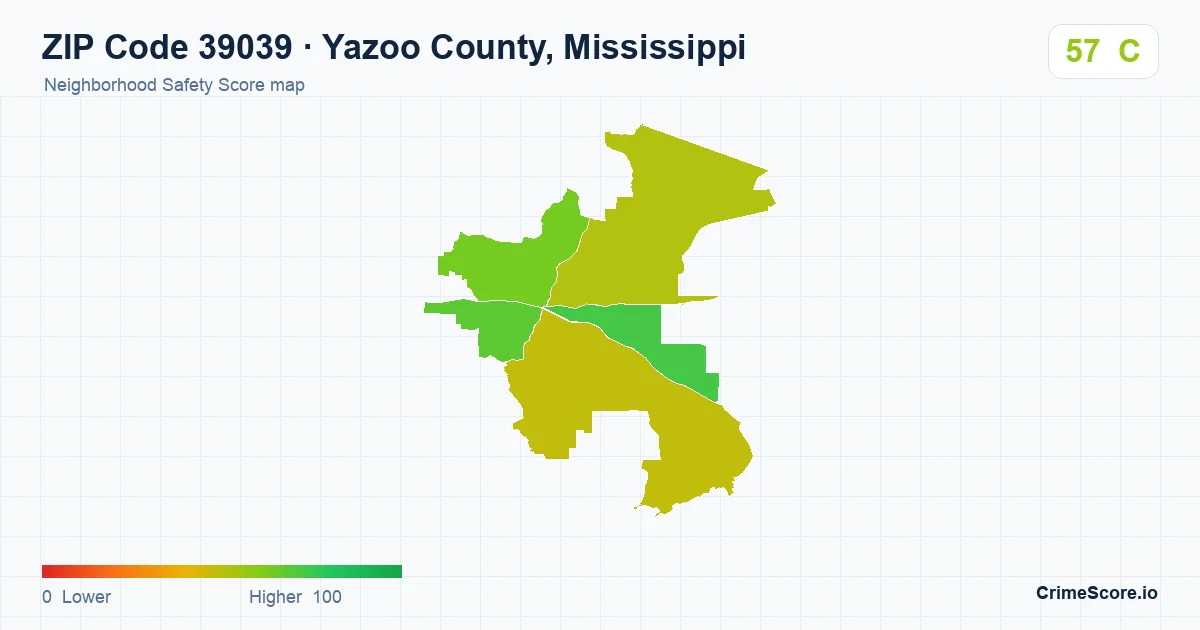 ZIP Code 39039 in Yazoo County, Mississippi neighborhood Safety Score map