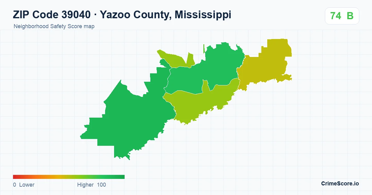 ZIP Code 39040 in Yazoo County, Mississippi neighborhood Safety Score map