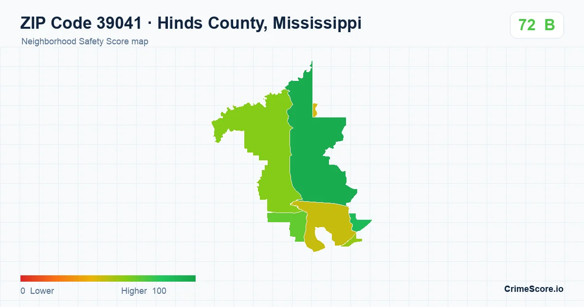 ZIP Code 39041 in Hinds County, Mississippi neighborhood Safety Score map