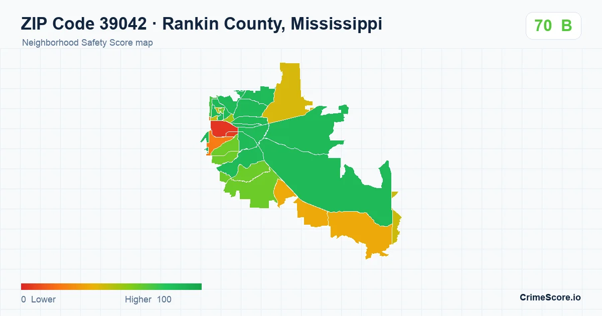ZIP Code 39042 in Rankin County, Mississippi neighborhood Safety Score map