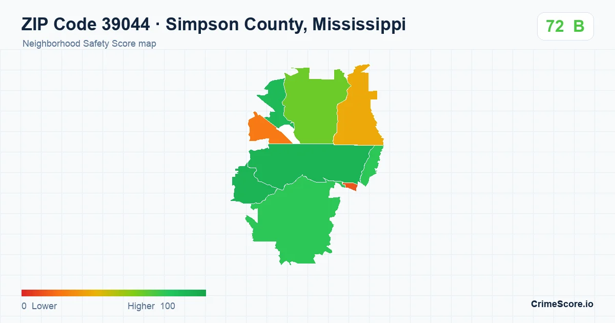 ZIP Code 39044 in Simpson County, Mississippi neighborhood Safety Score map