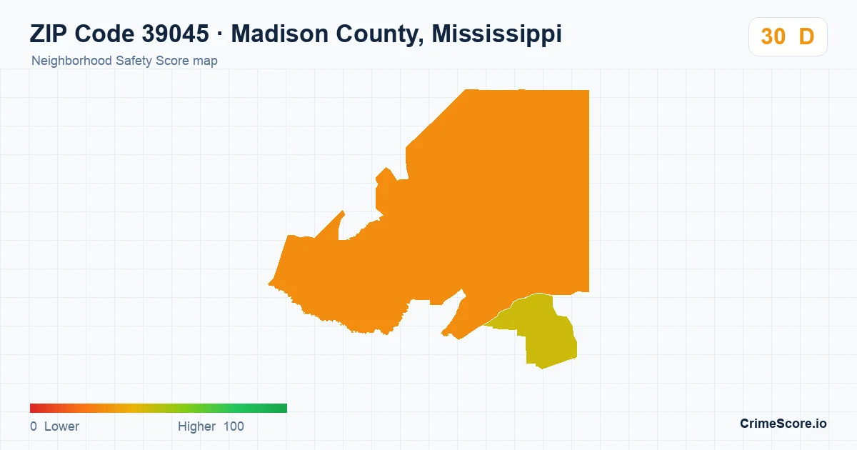 ZIP Code 39045 in Madison County, Mississippi neighborhood Safety Score map