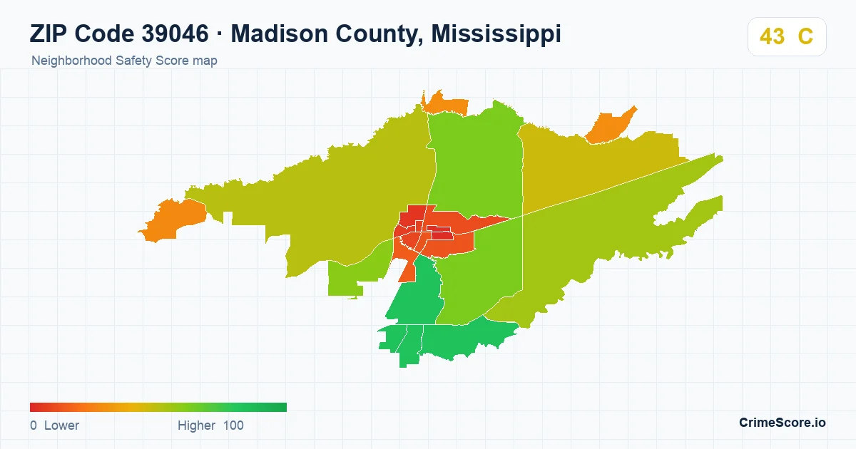 ZIP Code 39046 in Madison County, Mississippi neighborhood Safety Score map