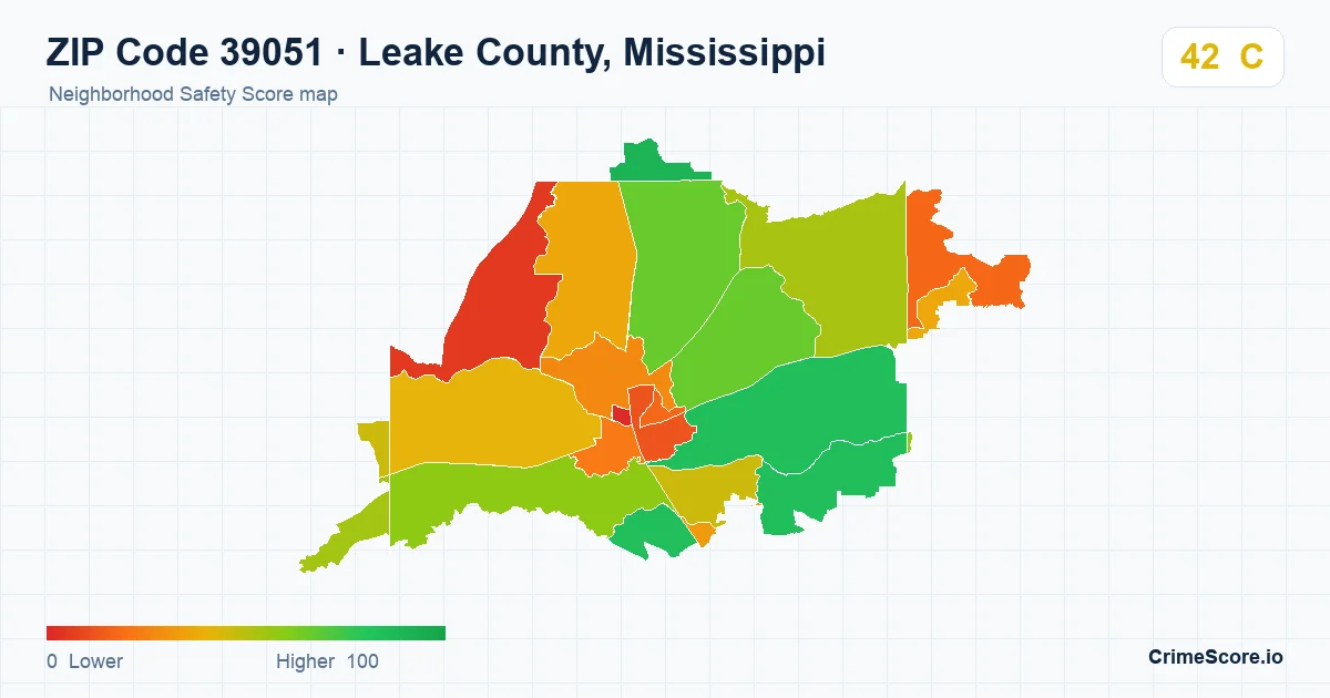 ZIP Code 39051 in Leake County, Mississippi neighborhood Safety Score map