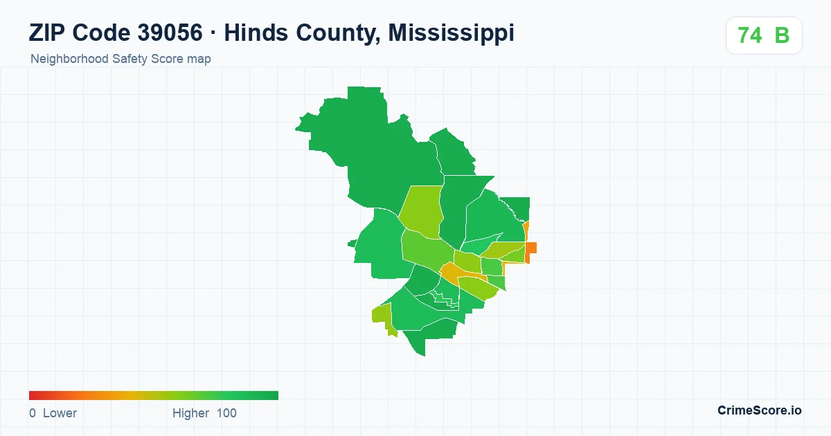 ZIP Code 39056 in Hinds County, Mississippi neighborhood Safety Score map
