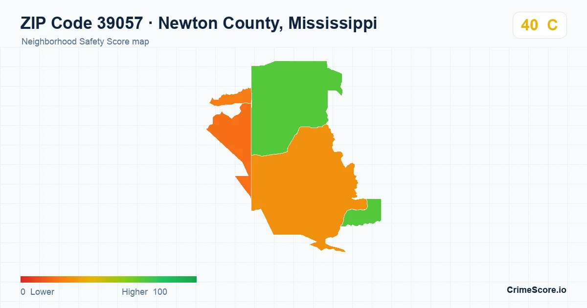 ZIP Code 39057 in Newton County, Mississippi neighborhood Safety Score map
