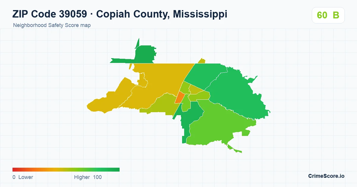 ZIP Code 39059 in Copiah County, Mississippi neighborhood Safety Score map