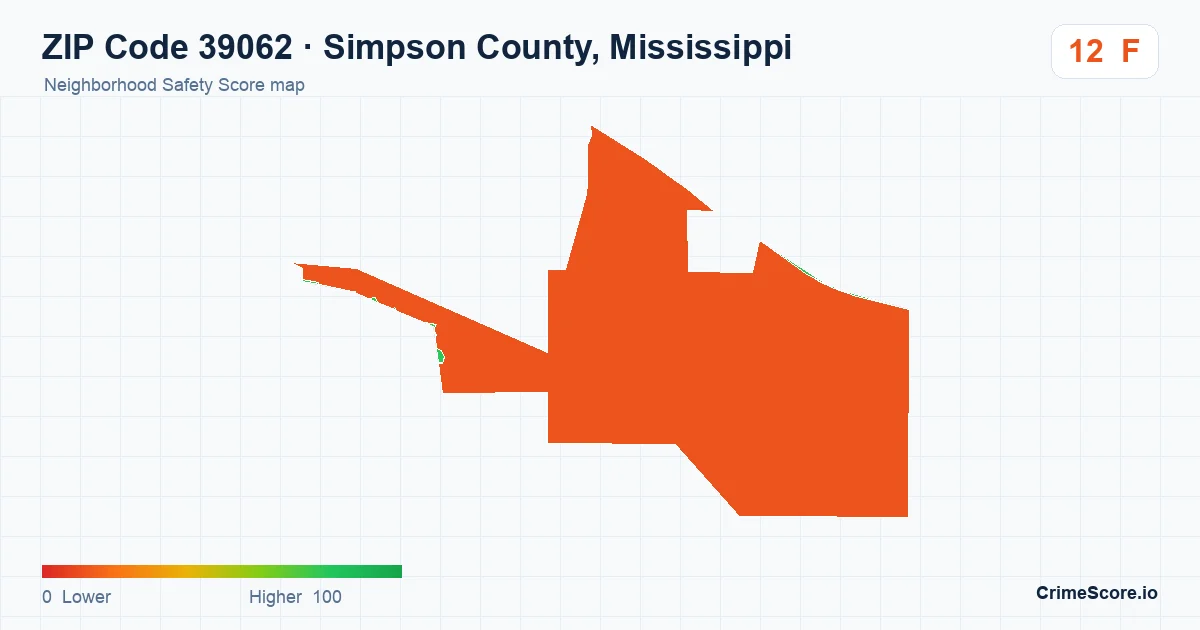ZIP Code 39062 in Simpson County, Mississippi neighborhood Safety Score map